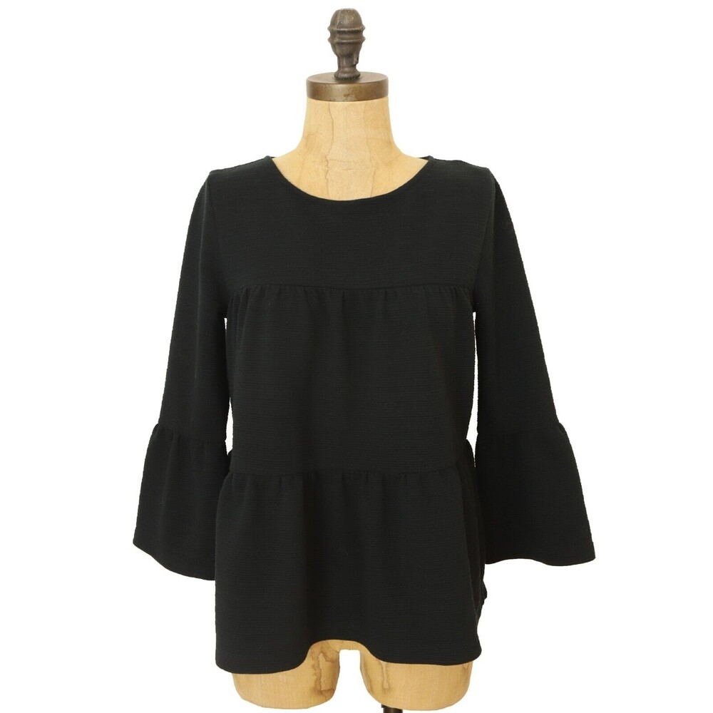 J Crew Button Back Tiered Bell Sleeve Top Size XS Knit Black AI031 NWT B30